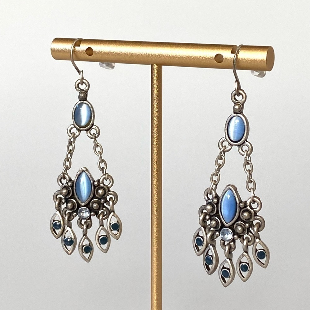 43 Earrings Dangles Chandeliers Pewter Tone Blue Cat’s Eye Inserts 2.25”